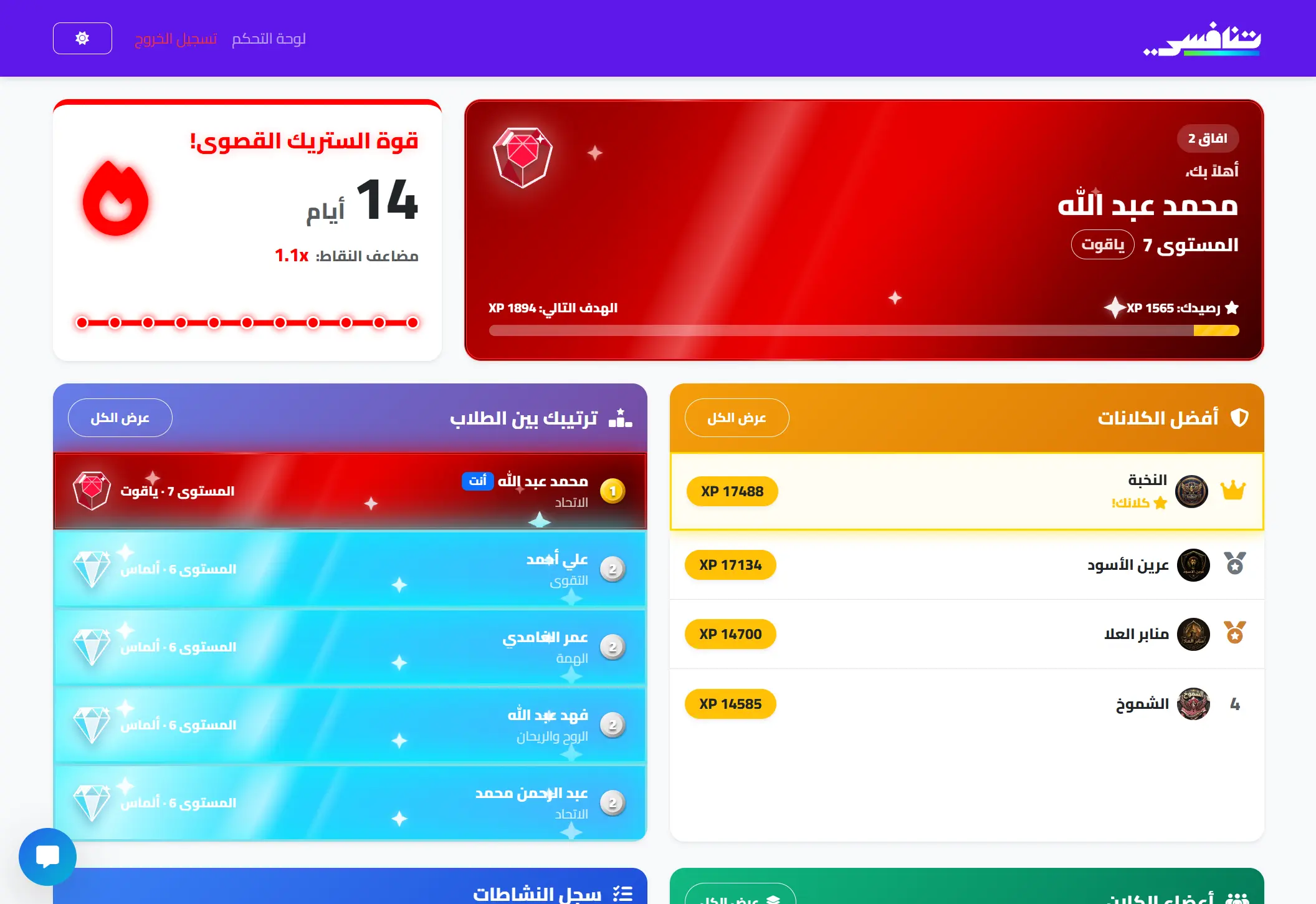 لوحة طالب تجريبية تعرض المستوى والتقدم والترتيب في نظام تنافسي
